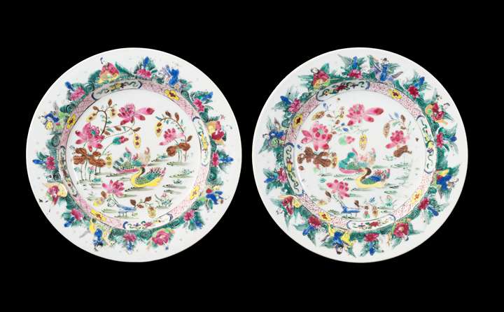 GG: Pair of Chinese export porcelain famille rose dinner plates with Mandarin ducks